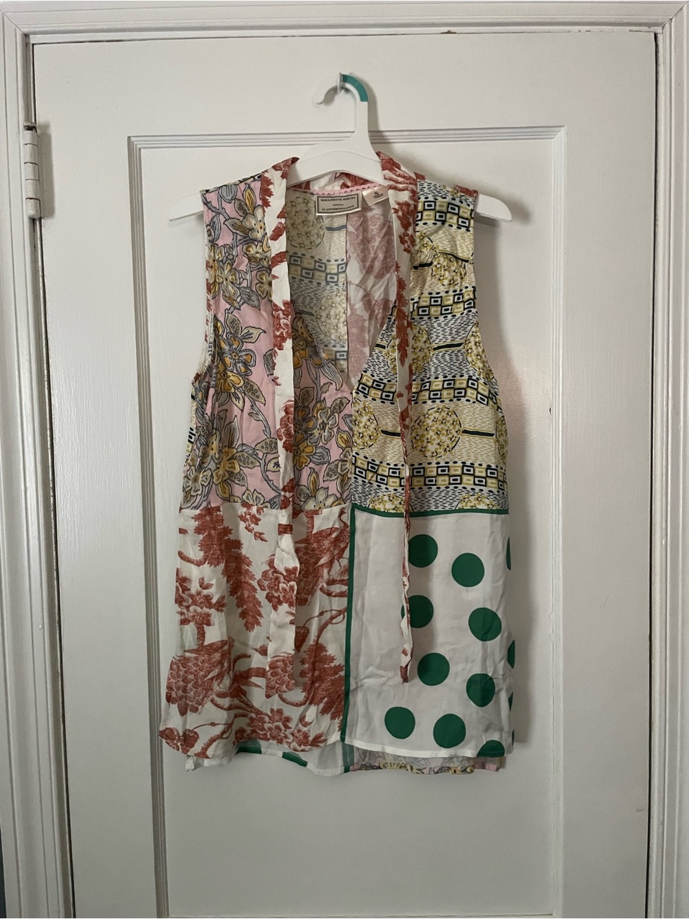 Moulinette Soeurs Anthropologie Mixed Floral/Geo Patchwork Tie Neck Blouse Sz S